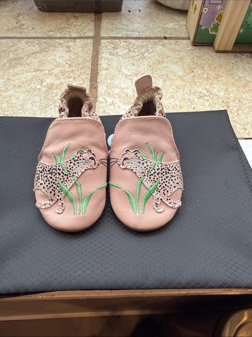 Robeez Pink Baby Moccasins with Leopard and Green Grass Embroidery